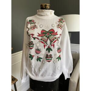 Ugly Sweater Christmas, White, Pullover, Sweatshirt, Coat, Bells, Ornaments,